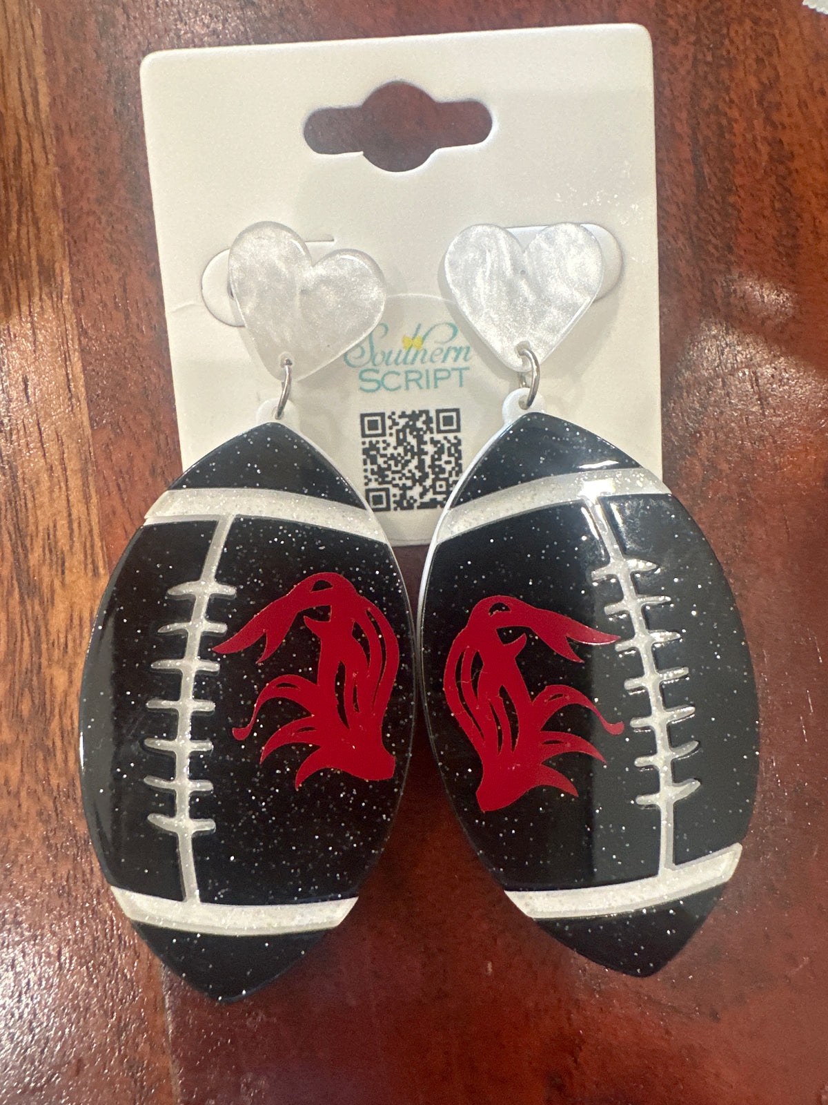 Glitter Black Acrylic Football Roostertail Earrings