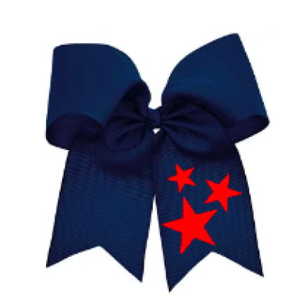 8-inch navy grosgrain cheer bow with red stars vinyl design, full product view
