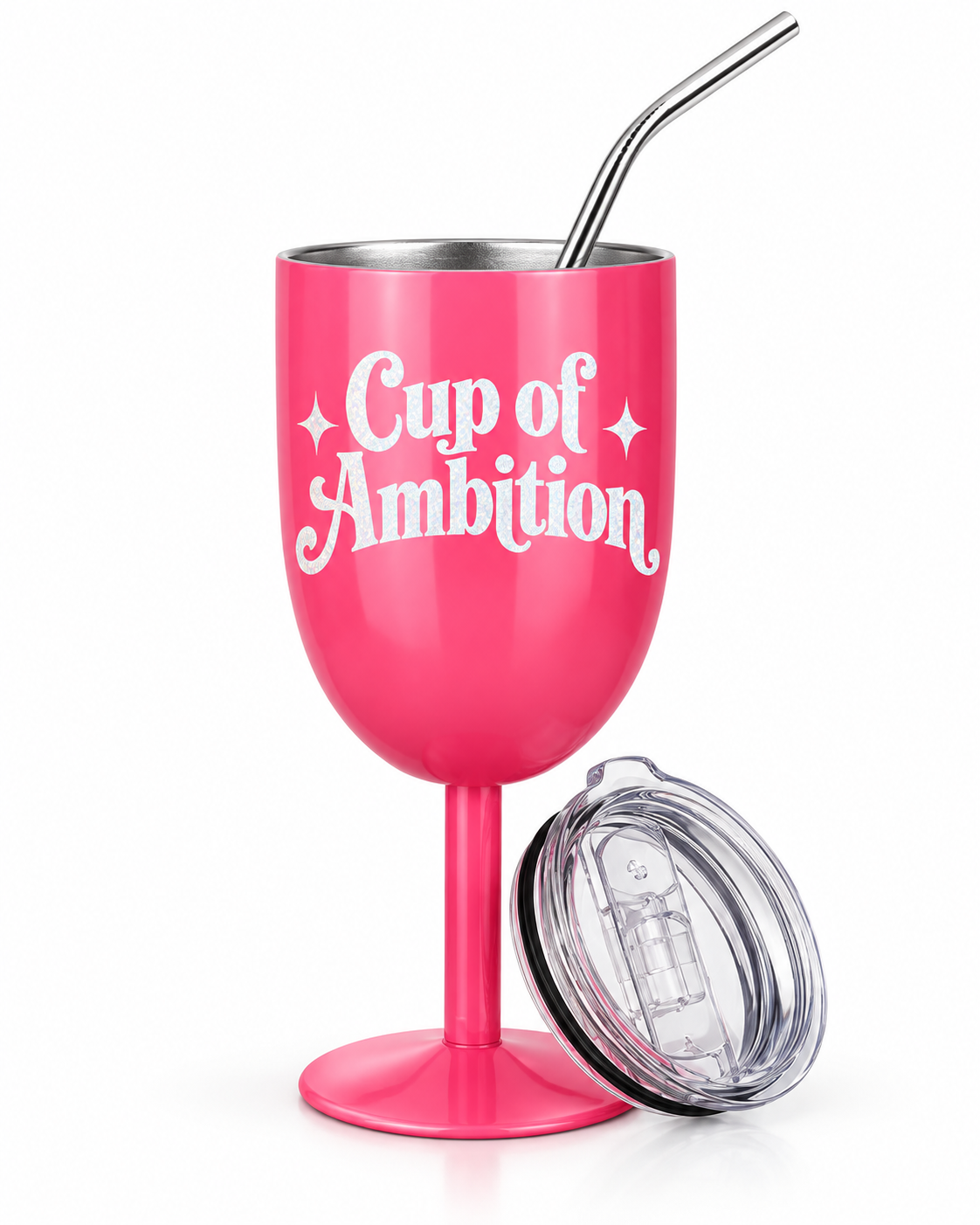 A bright pink stemless wine glass tumbler with the words 'Cup of Ambition' printed in white script, shown with a stainless steel straw and a clear lid on a white background.