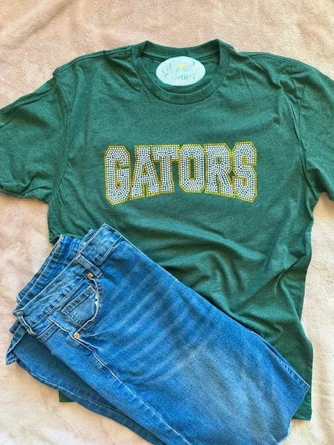 Gators Spangle Varsity Letter Tee in heather green – side view showing sparkly gold spangle GATORS lettering