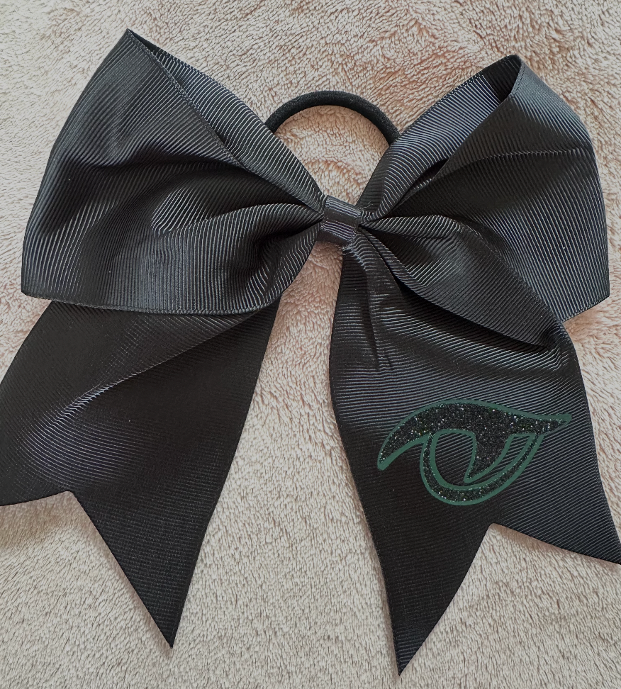 River Bluff 8-inch black grosgrain cheer bow with matte green and black glitter Gator Eye logo, front view