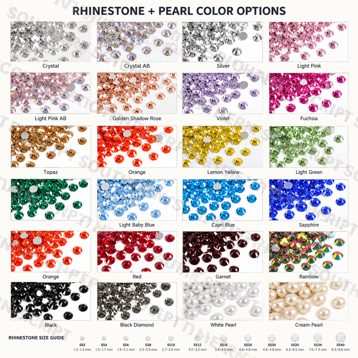 A color-options chart for rhinestones and pearls showing many labeled samples in a grid, including Crystal, Silver, Light Pink, Golden Shadow Rose, Violet, Fuchsia, Topaz, Orange, Lemon Yellow, Light Green, Light Blue, Capri Blue, Sapphire, Red, Teal, Garnet, Rainbow, Black, Black Diamond, White Pearl, and Cream Pearl. The title reads 'Rhinestone + Pearl Color Options.