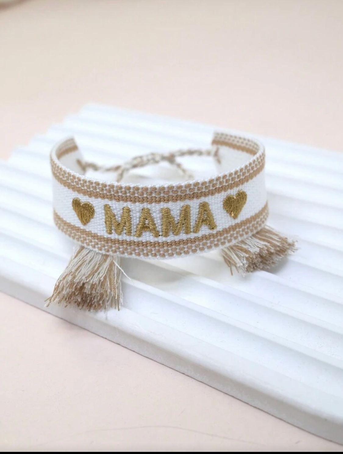 MAMA White Embroidered Heart Tassel Bracelet