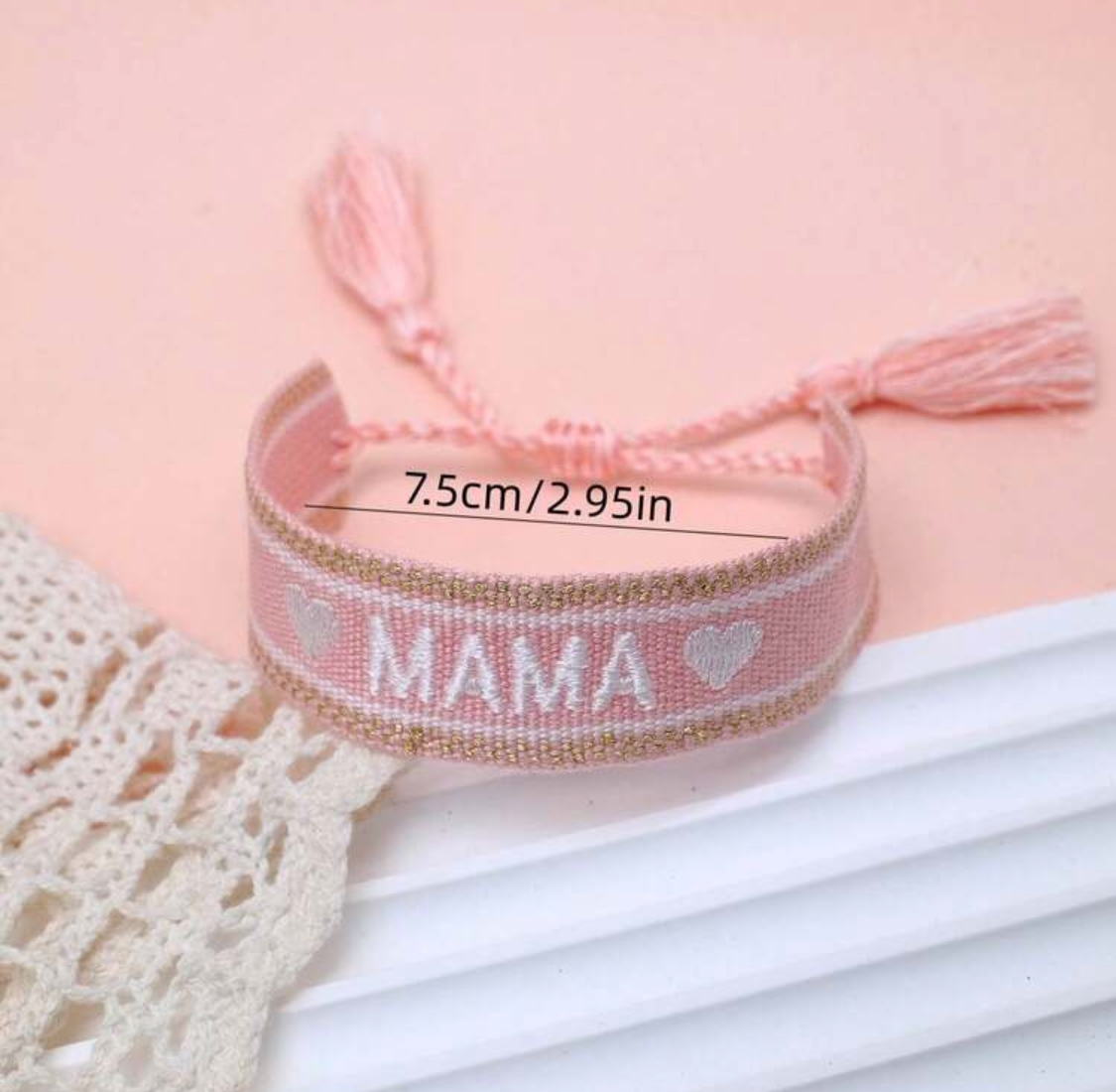 MAMA Pink Embroidered Heart Tassel Bracelet