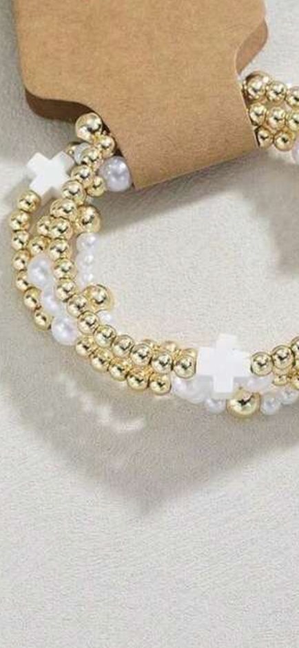 Gold Beaded Cross Bracelet Stack Set