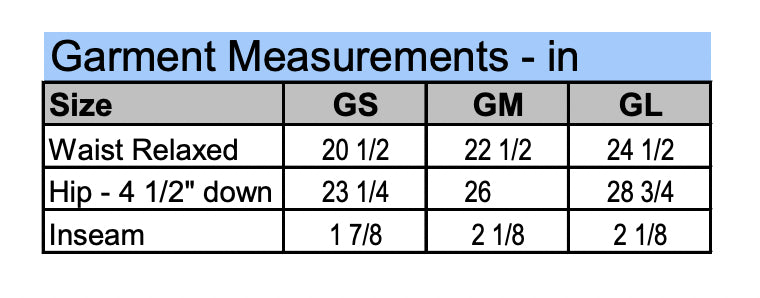Size chart for River Bluff Gator Eye Spandex Shorts showing youth S, M, L garment measurements