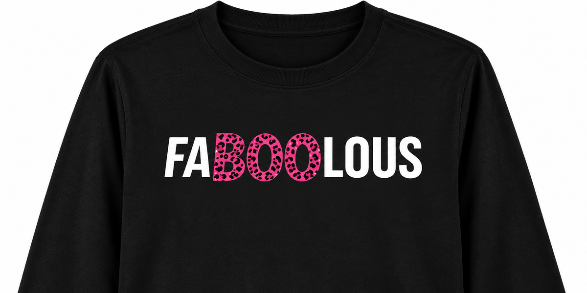 A black long-sleeve t-shirt with the word 'FABOOLOUS' printed across the chest. The letters 'OO' are filled with a pink leopard print pattern, while the other letters are solid white.