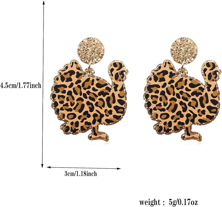 Measurement diagram of the leopard turkey earrings, showing 4.5 cm (1.77 in) tall, 3 cm (1.18 in) wide, and 5 g (0.17 oz).