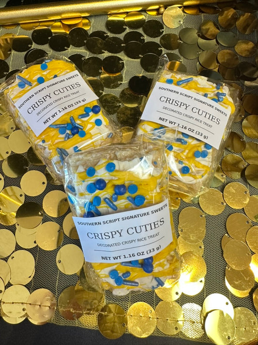 Individually wrapped blue-and-gold Crispy Cuties decorated rice treats for Lexington High School and Lexington Youth Football