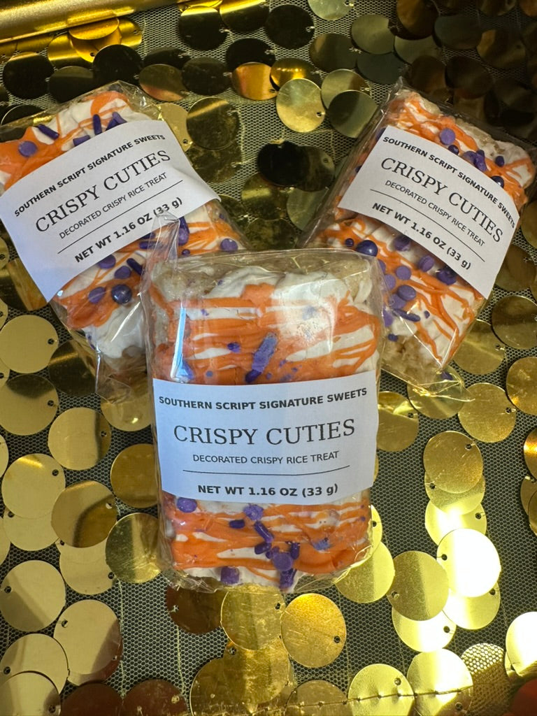 Individually wrapped orange-and-purple Crispy Cuties decorated rice treats for Clemson Tigers tailgates and celebrations