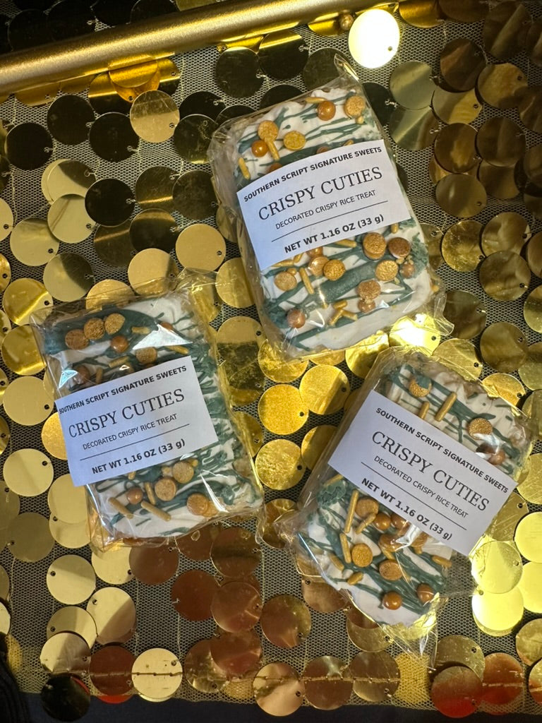 Individually wrapped green-and-gold Crispy Cuties decorated rice treats for River Bluff High School and Meadow Glen Middle School