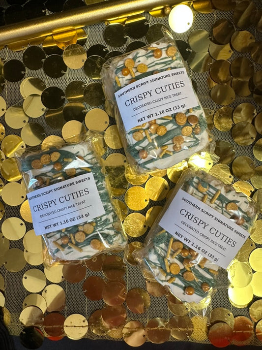 Individually wrapped green-and-gold Crispy Cuties decorated rice treats for River Bluff High School and Meadow Glen Middle School