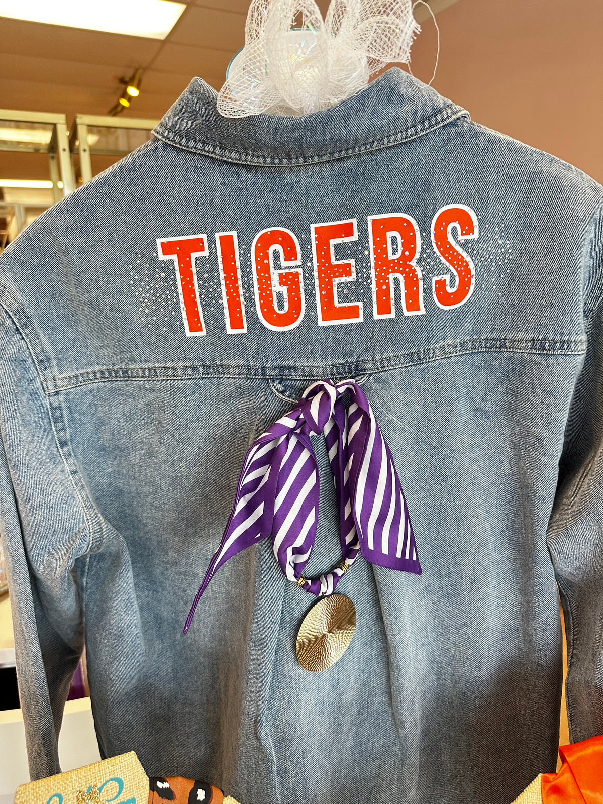 Tigers Denim Oversized Shirt with Back Rhinestone Scatter