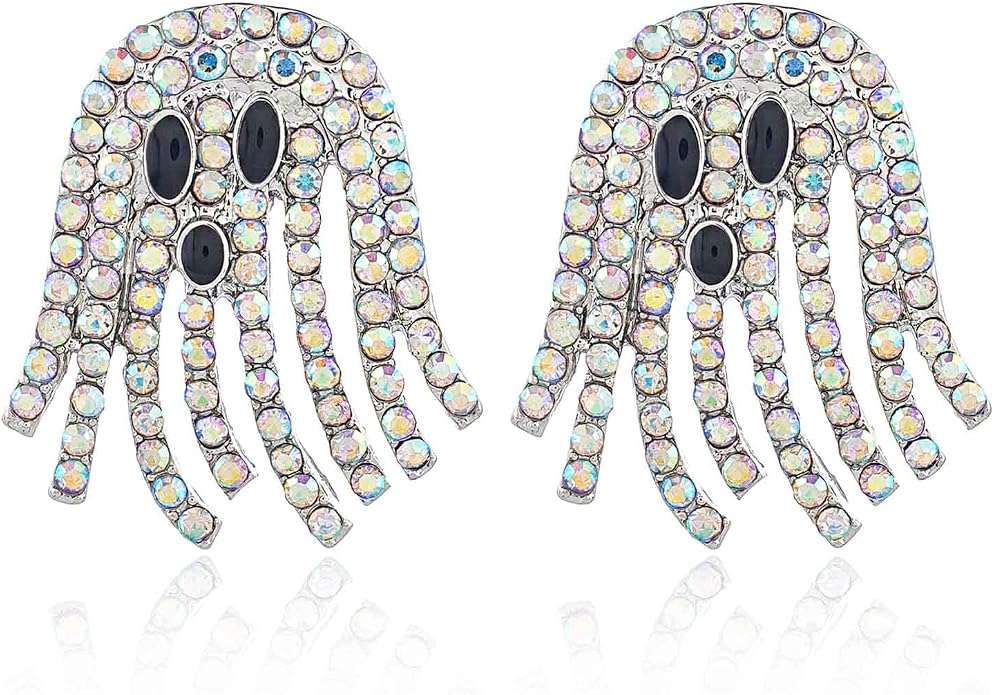 Pair of AB iridescent rhinestone ghost stud earrings with sparkling tentacle-style fringe and dark facial accents on a white background.