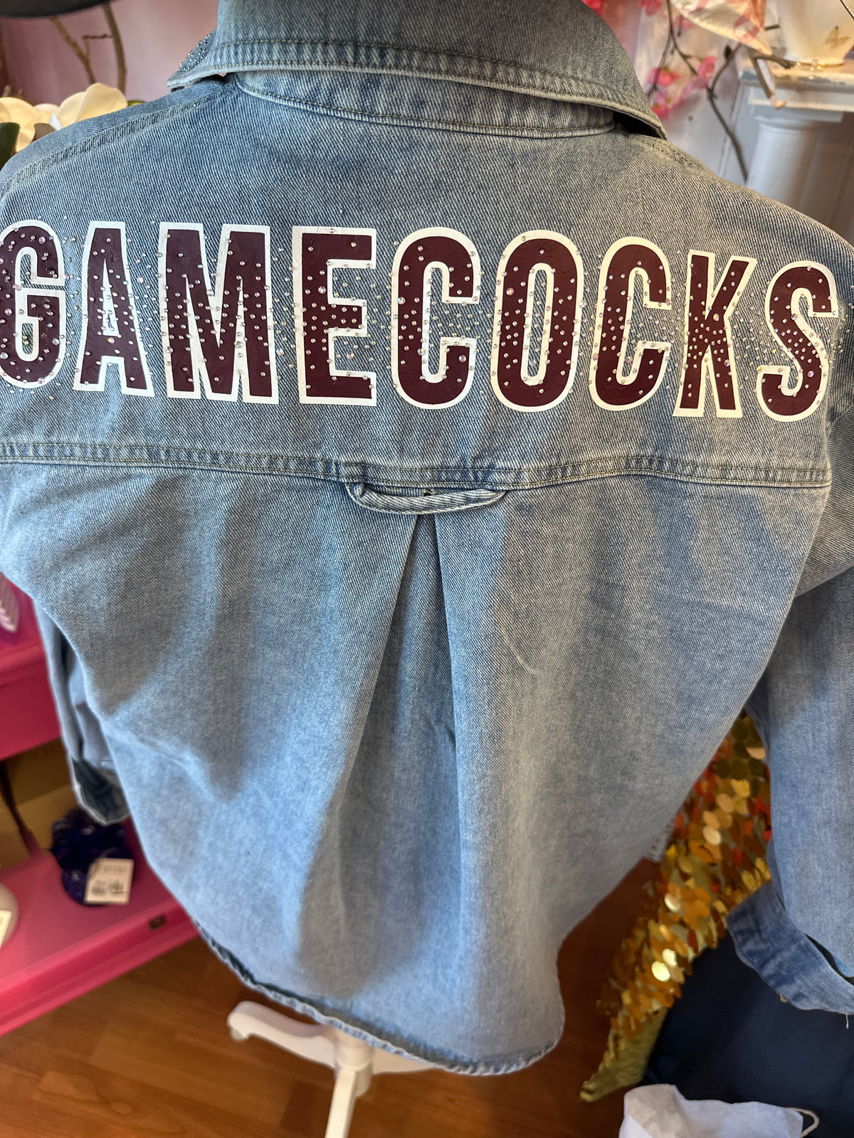 Gamecocks Denim Oversized Shirt with Back Rhinestone Scatter