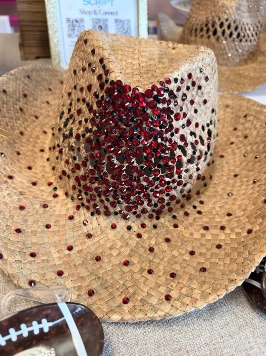 Show Stopping Topper | Garnet Crush | Black + Garnet Rhinestone Straw Cowgirl Hat