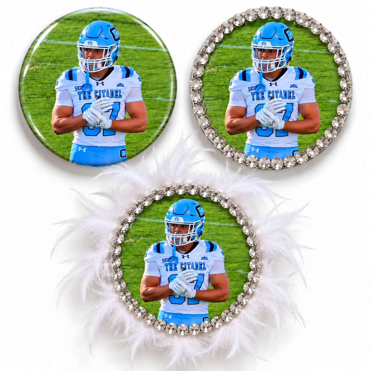 Southern Script Personalized Photo Spirit Buttons – Three Styles
Alt text: Three personalized football photo button styles: classic Picture Perfect, rhinestone-trimmed Pretty in Bling, and All Dolled Up with white feathers.