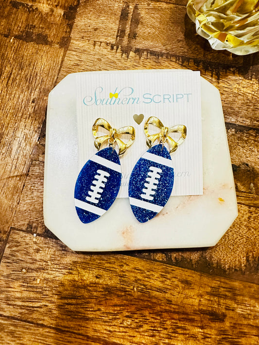 Game Day Glitter Football Bow Earrings | Royal Blue