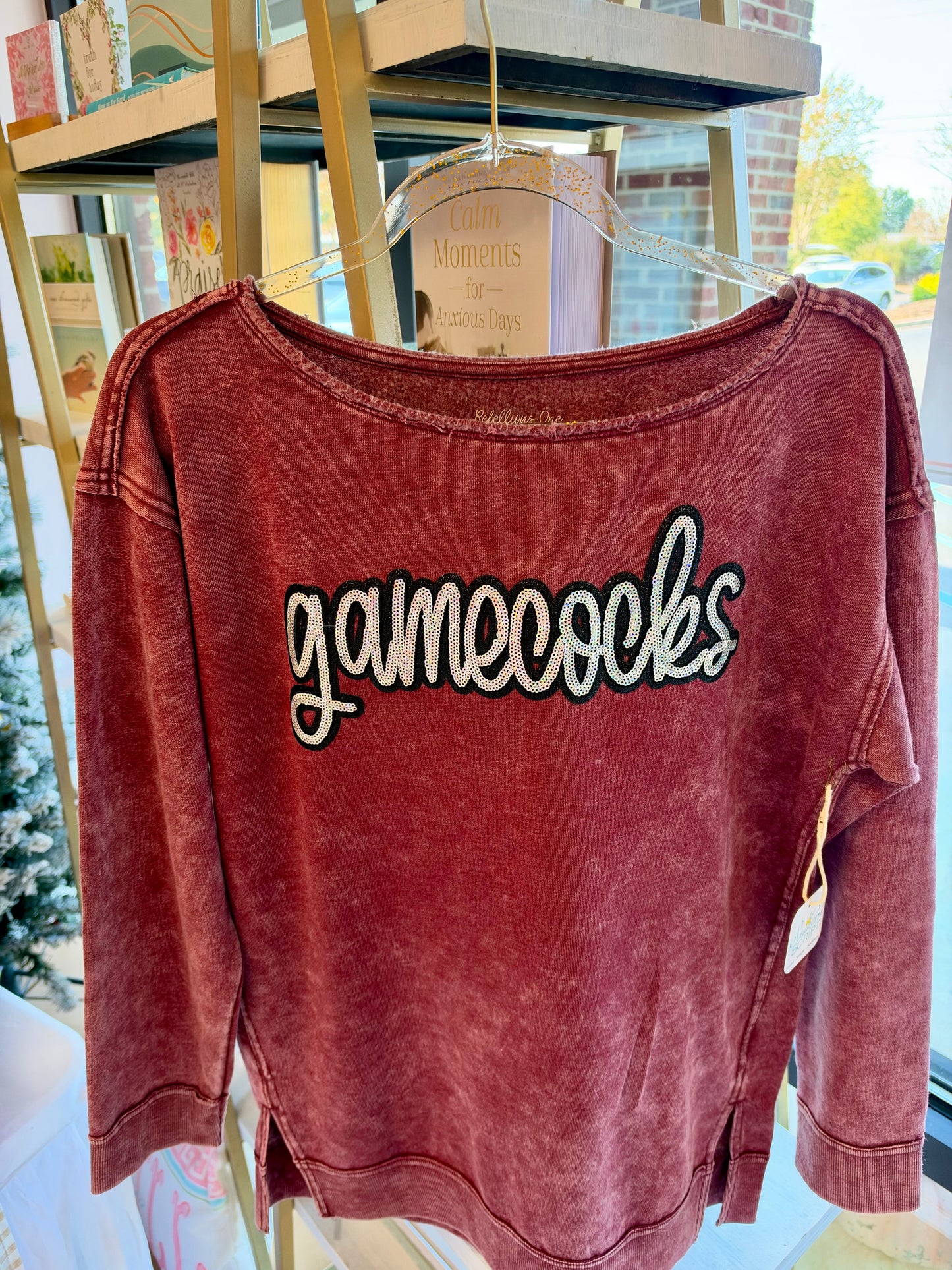 Gamecock Garnet Glow Sequin Wide Neck Sweatshirt