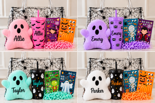 A 2x2 collage showing four Halloween-themed gift sets with customizable names. Each set includes a plush ghost, a tumbler cup, a black spiderweb tote bag, and three decorative cards, displayed on a bed of purple shredded paper.