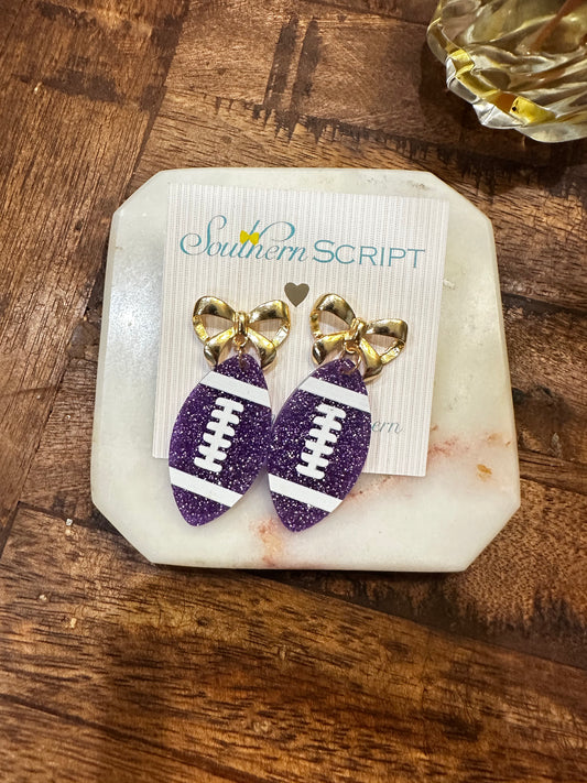 Game Day Glitter Football Bow Earrings | Purple