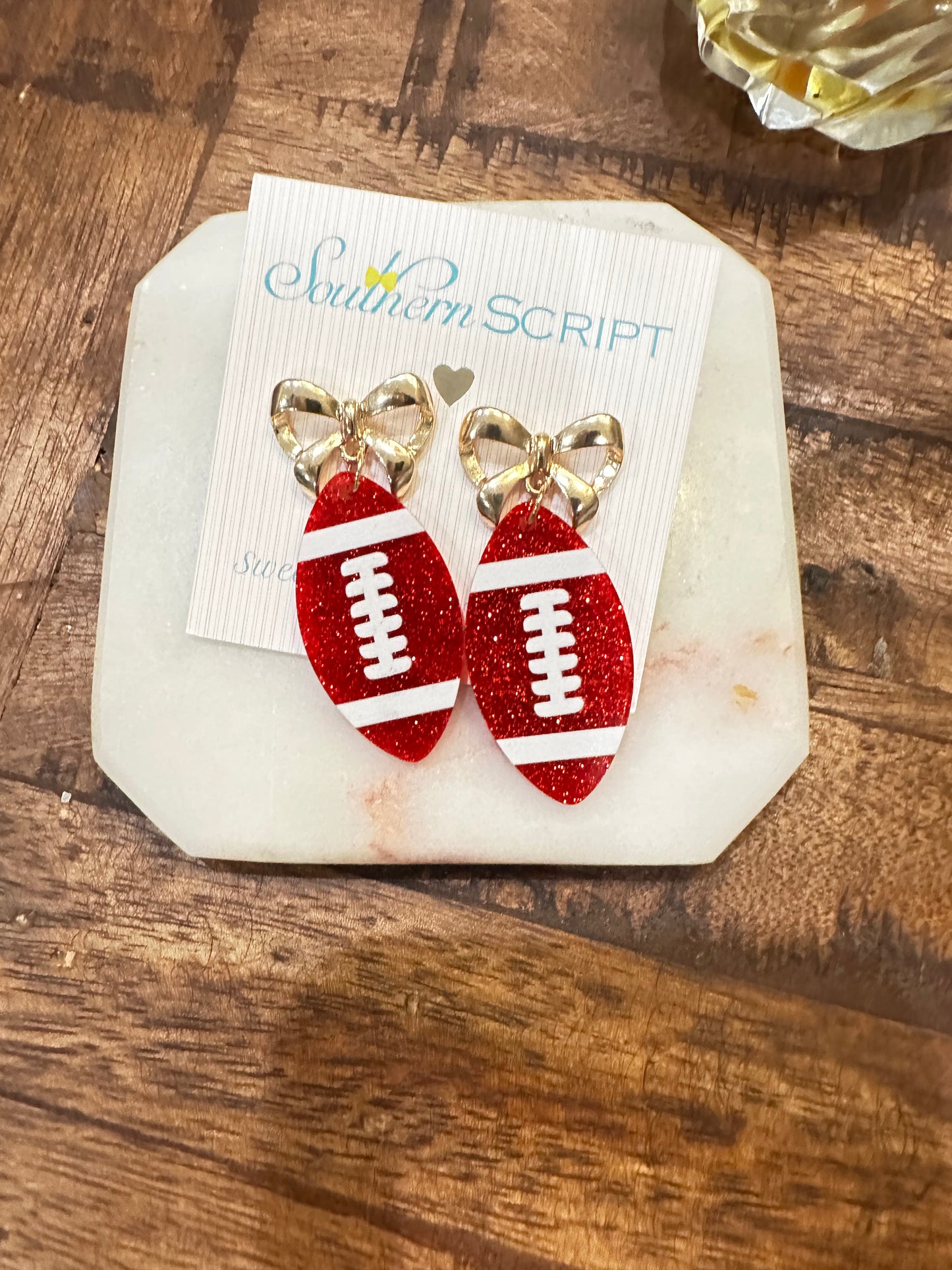 Game Day Glitter Football Bow Earrings | Red