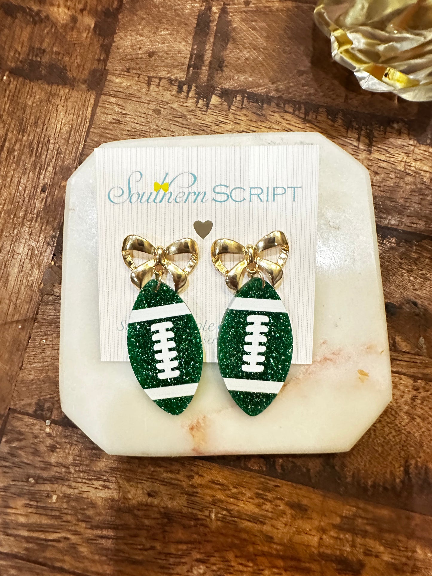 Game Day Glitter Football Bow Earrings | Green