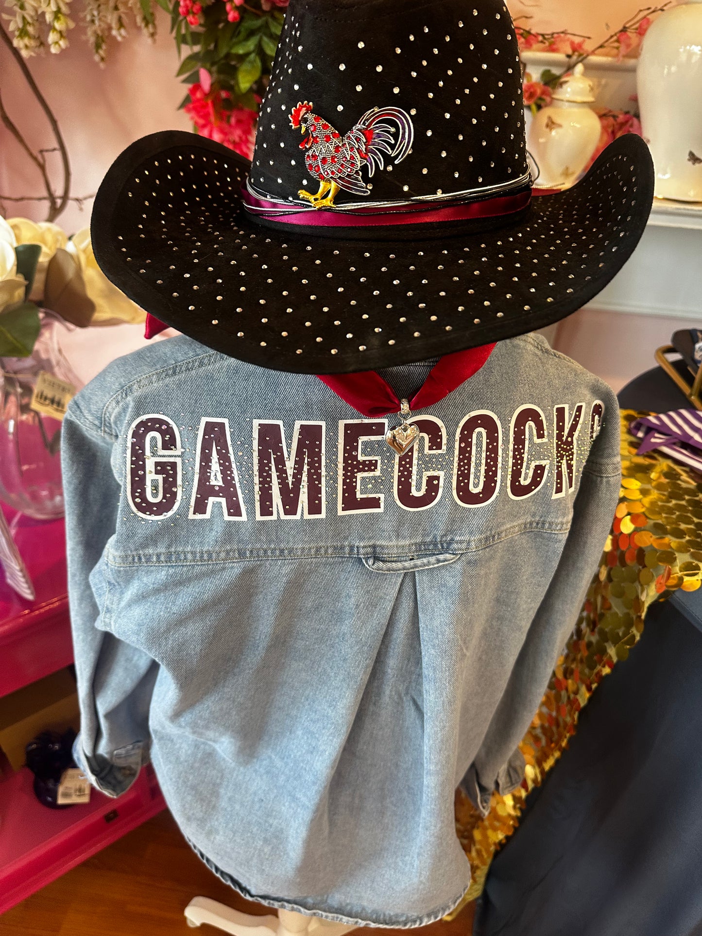 Gamecocks Denim Oversized Shirt with Back Rhinestone Scatter