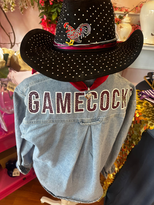 Gamecocks Denim Oversized Shirt with Back Rhinestone Scatter