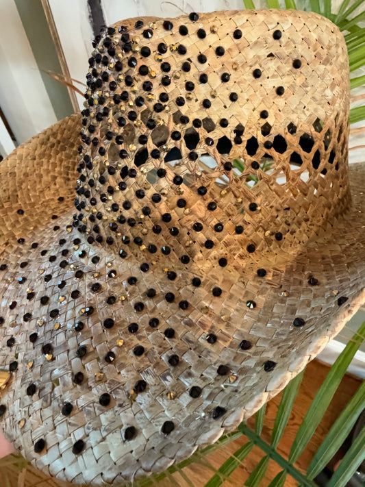 Show Stopping Topper | Rhinestone Renegade | Black + Gold Rhinestone Straw Cowgirl Hat