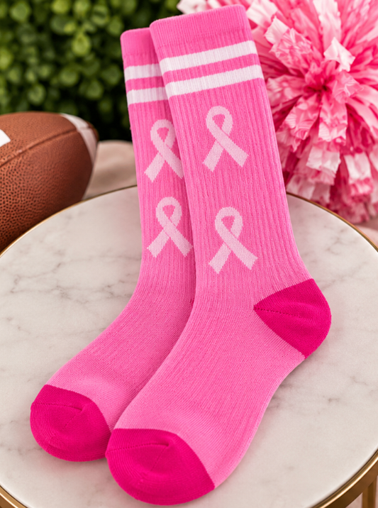 Pink and white ribbon socks with white cuff stripes and darker pink heels and toes