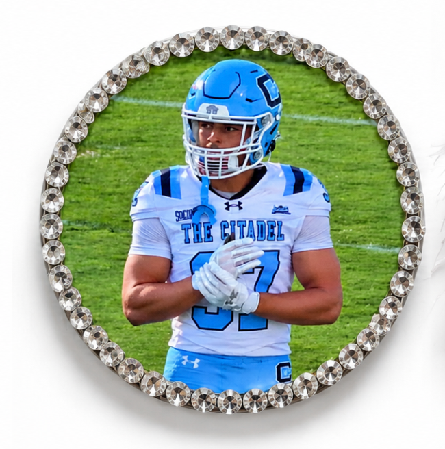 Pretty in Bling round football photo spirit button featuring a player in a blue helmet and white jersey, framed with clear rhinestones.