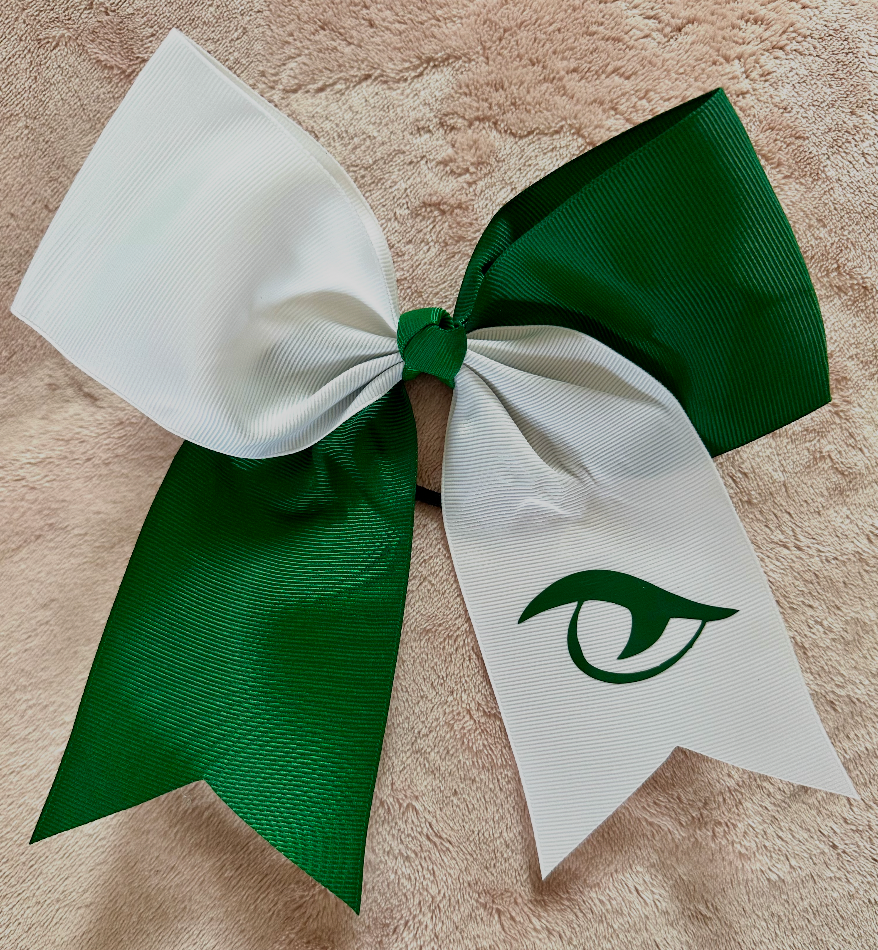 River Bluff 8-inch forest green and white grosgrain cheer bow with Gator Eye logo, full product view