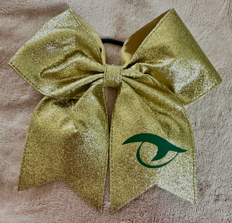 River Bluff 8-inch gold glitter cheer bow with matte green Gator Eye logo, front view
