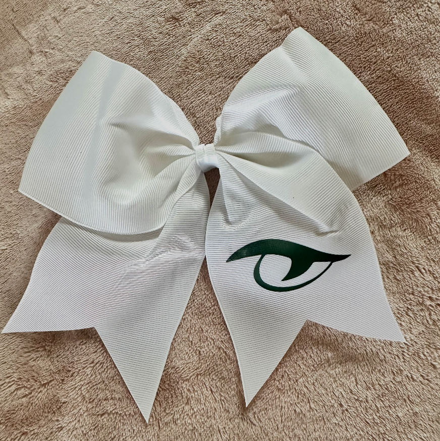 River Bluff 8-inch white grosgrain cheer bow with forest green matte Gator Eye logo, full product view