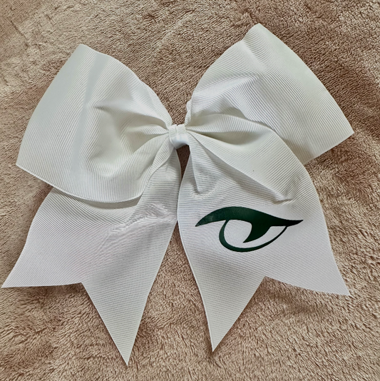 River Bluff 8-inch white grosgrain cheer bow with forest green matte Gator Eye logo, full product view