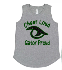 River Bluff Cheer Loud Gator Proud youth tank top in gray with forest green and black glitter Gator Eye vinyl design, front view

