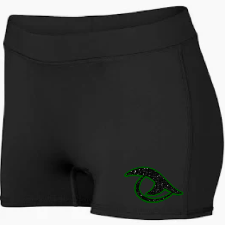 River Bluff Gator Eye Spandex Shorts in black with matte green and black glitter Gator Eye logo, front view