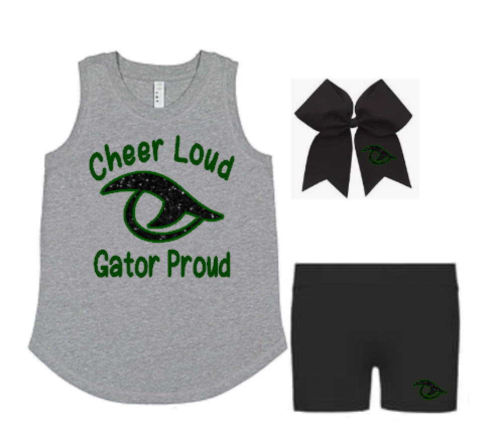 River Bluff Junior Gators Cheer Camp Set – Black Gator Eye | Cheer Loud Gator Proud gray tank top, black spandex shorts with green and black glitterGator Eye logo, and black grosgrain cheer bow