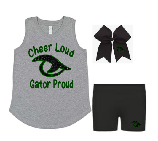 River Bluff Junior Gators Cheer Camp Set – Black Gator Eye | Cheer Loud Gator Proud gray tank top, black spandex shorts with green and black glitterGator Eye logo, and black grosgrain cheer bow