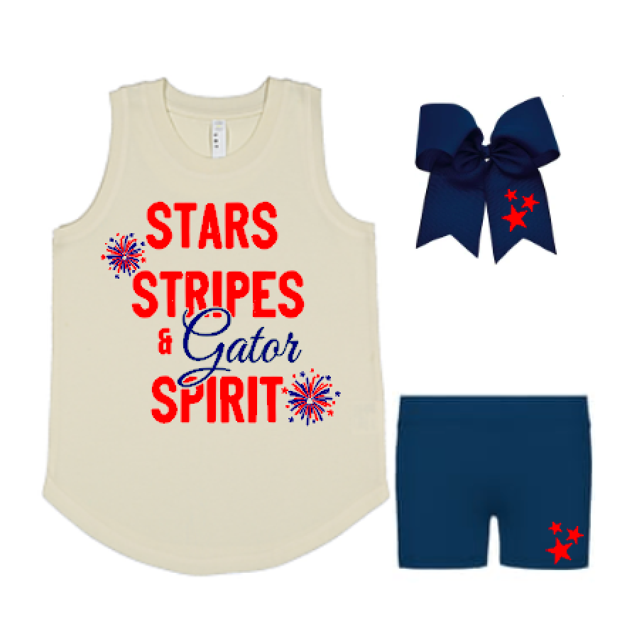 River Bluff Junior Gators Cheer Camp Set – Navy Stars | Stars, Stripes & Gator Spirit cream tank top, navy spandex shorts with red stars, and navy grosgrain cheer bow with red stars