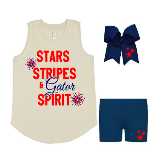 River Bluff Junior Gators Cheer Camp Set – Navy Stars | Stars, Stripes & Gator Spirit cream tank top, navy spandex shorts with red stars, and navy grosgrain cheer bow with red stars