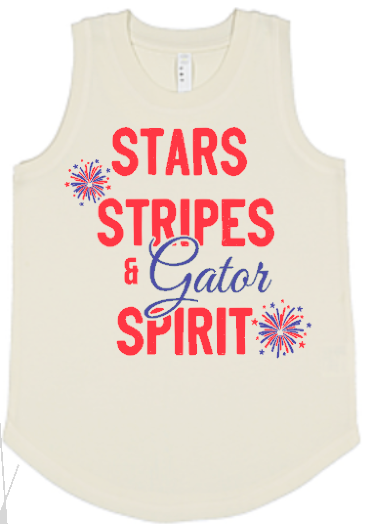 River Bluff Stars, Stripes & Gator Spirit youth tank top in natural cream with red and navy patriotic vinyl design, front view
