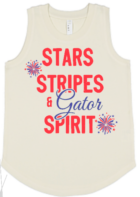 River Bluff Stars, Stripes & Gator Spirit youth tank top in natural cream with red and navy patriotic vinyl design, front view