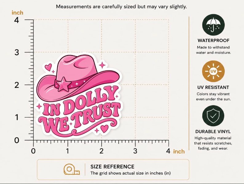 A size measurement chart for a die-cut vinyl sticker featuring the pink cowboy hat and the phrase 'IN DOLLY WE TRUST.' The chart includes inch rulers, a size reference box, and feature icons for waterproof, UV resistant, and durable vinyl, all on a light beige background.