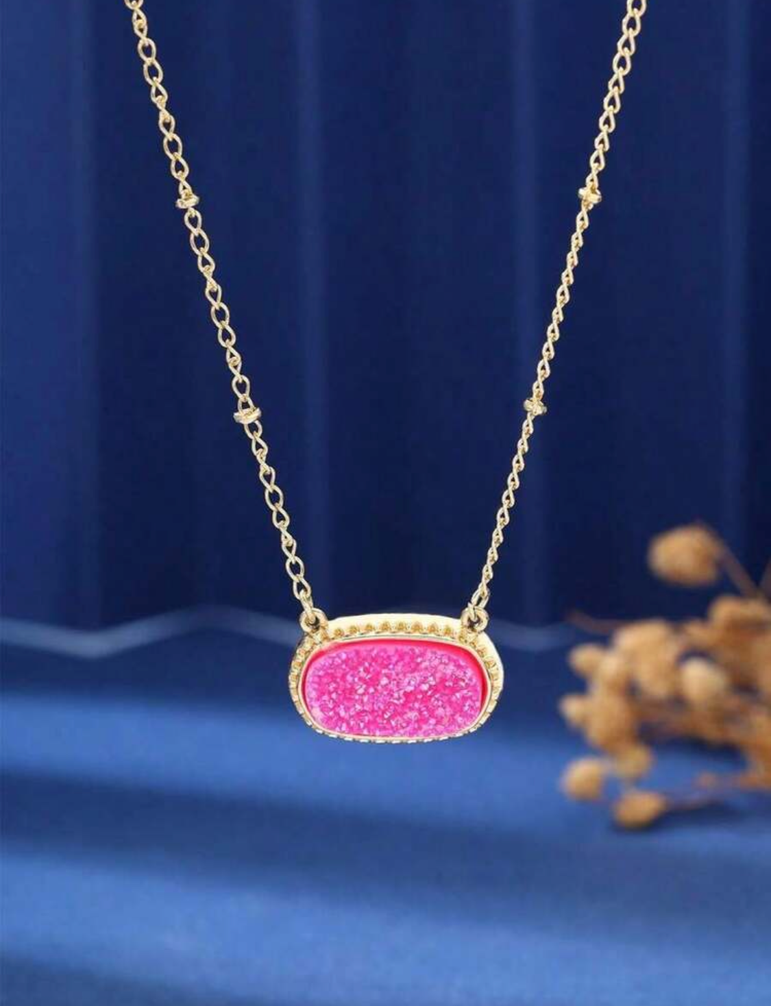 Hot Pink Druzy Oval Pendant Necklace