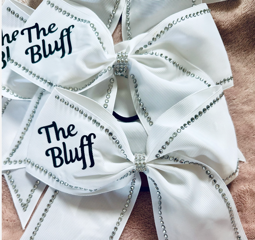 River Bluff Cheer Bow – White Grosgrain Rhinestone The Bluff