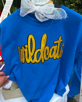 Wildcats Stadium Stunner crewneck sweatshirt in royal blue with gold sequin script design