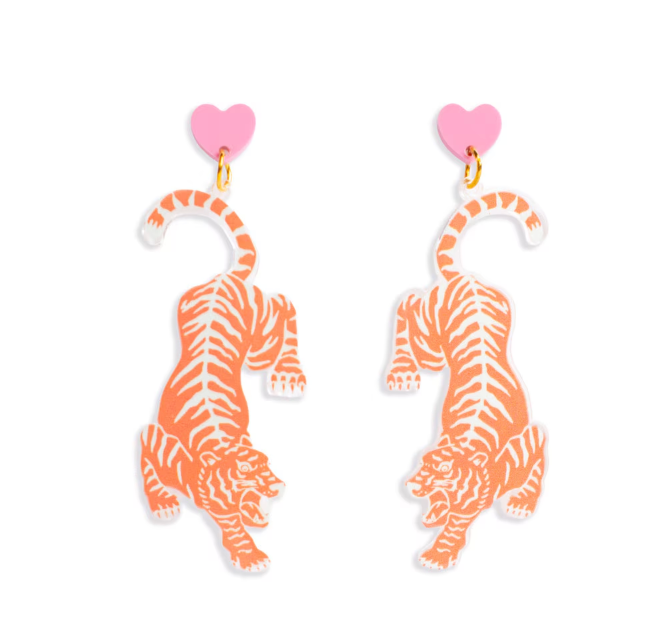Tiger Love Earrings — orange acrylic tiger drop earrings with pink heart studs