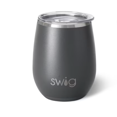 Swig Matte Grey 14 oz Stemless Wine Cup with clear slider lid
